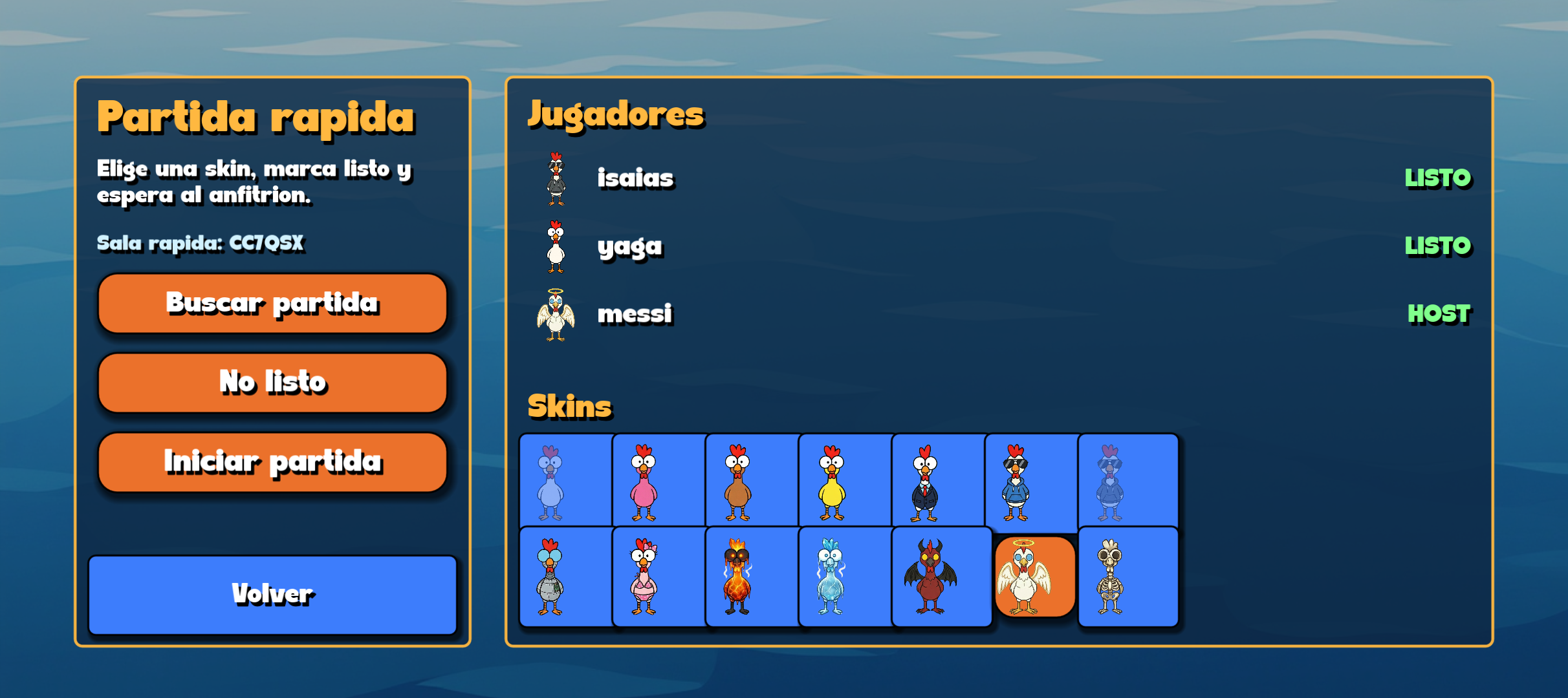 Lobby y selector de skins de Eggsplosion